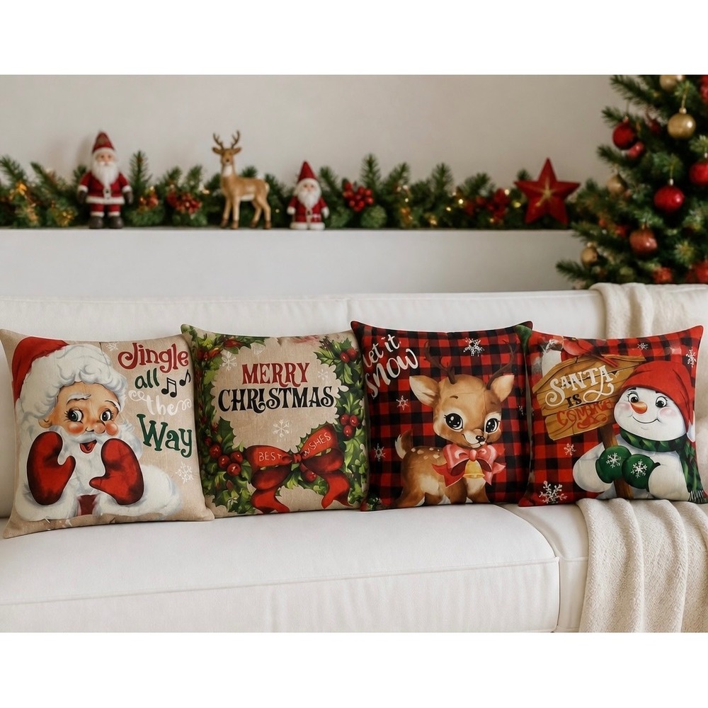 NEW Christmas Pillow Covers 4 Pack Santa Reindeer Snowman Holiday‎ Decor 17x17"